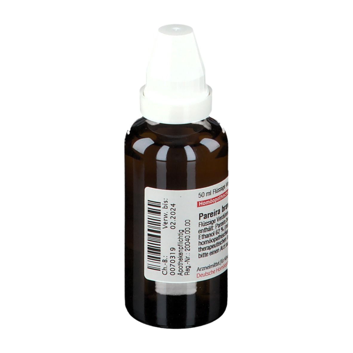 Braune Glasflasche mit weißem Verschluss. Aufschrift: DHU. Etikett mit Text, Verfallsdatum 02.2024. Apothekenpflichtig.