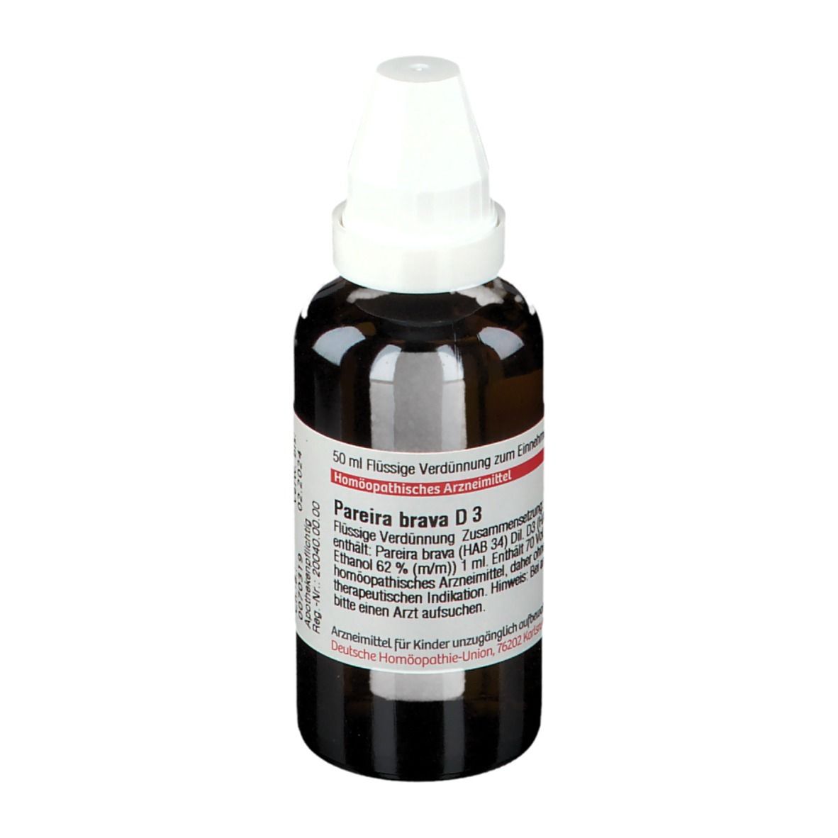 Braune Glasflasche mit weißem Verschluss. Aufschrift: Pareira brava D3. Etikett mit Text und Verfallsdatum 02.2024.