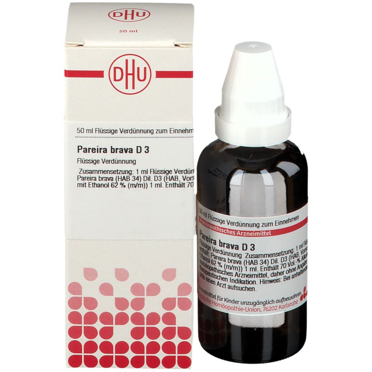 Produktflasche und Verpackung. Flasche: braunes Glas, weißer Verschluss. Verpackung: weiß, rot, DHU-Logo.