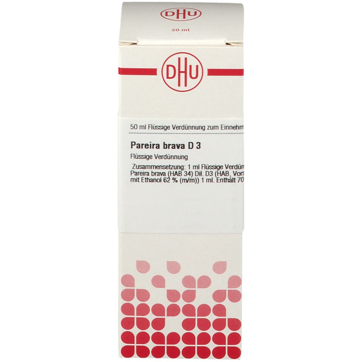 Weiße Verpackung mit rotem Muster und DHU-Logo. Aufschrift: Pareira brava D3. Text auf der Verpackung.
