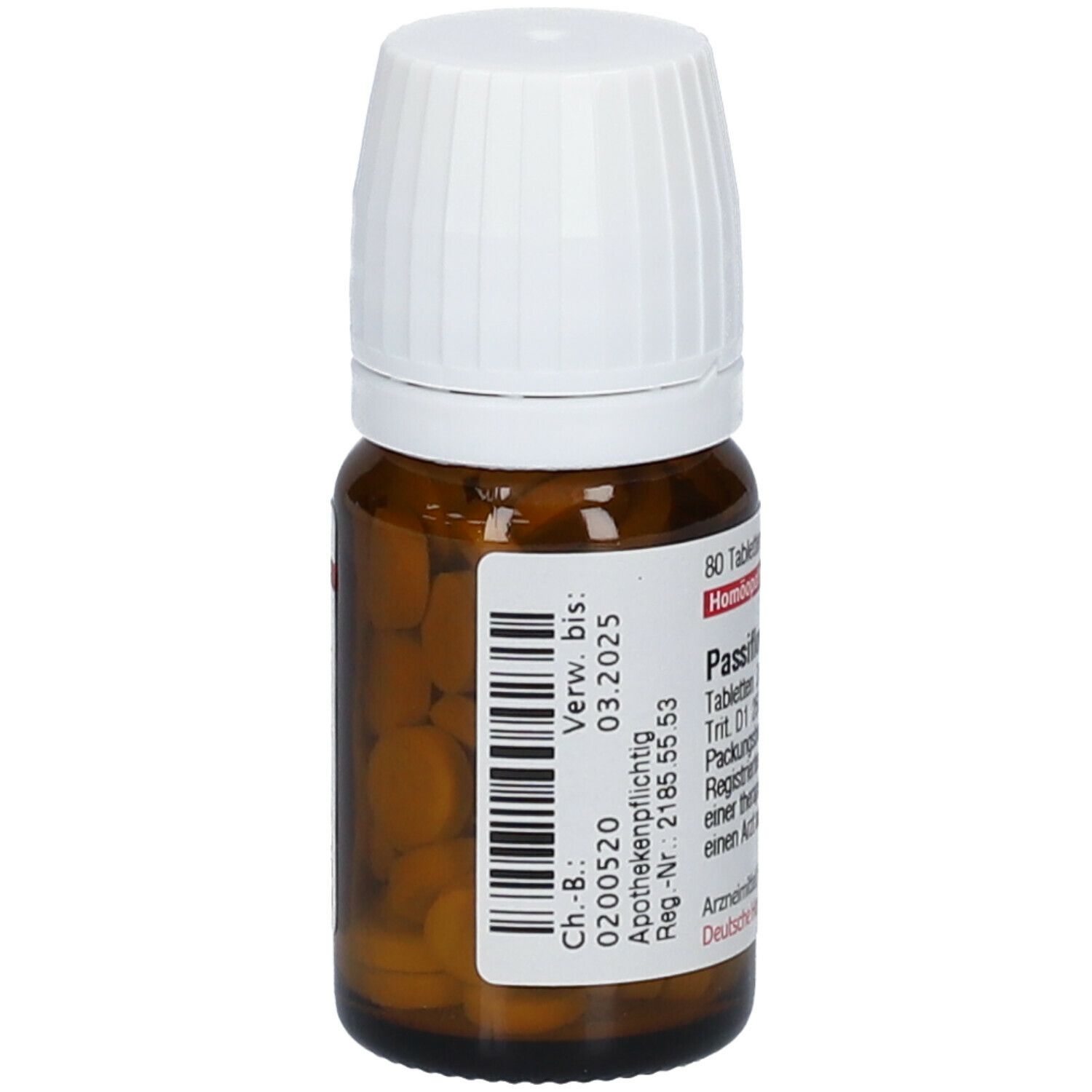 Braune Glasflasche mit weißen Deckel. Etikett mit Text und Barcode. Enthält Tabletten. Apothekenpflichtig. Verwendbar bis 03.2025.