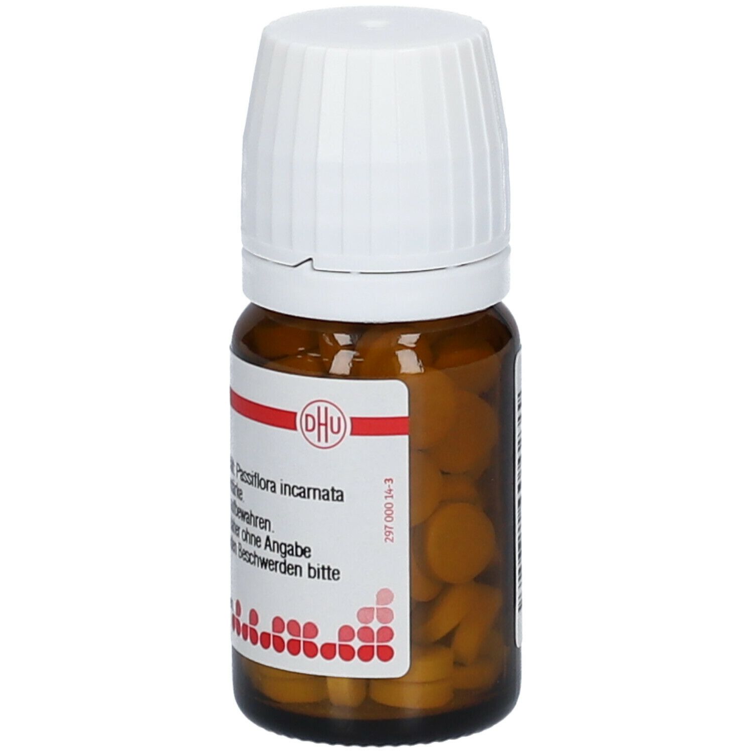 Braune Glasflasche mit weißen Deckel. Etikett mit Text: DHU Passiflora incarnata. Enthält Tabletten. Homöopathisches Arzneimittel.