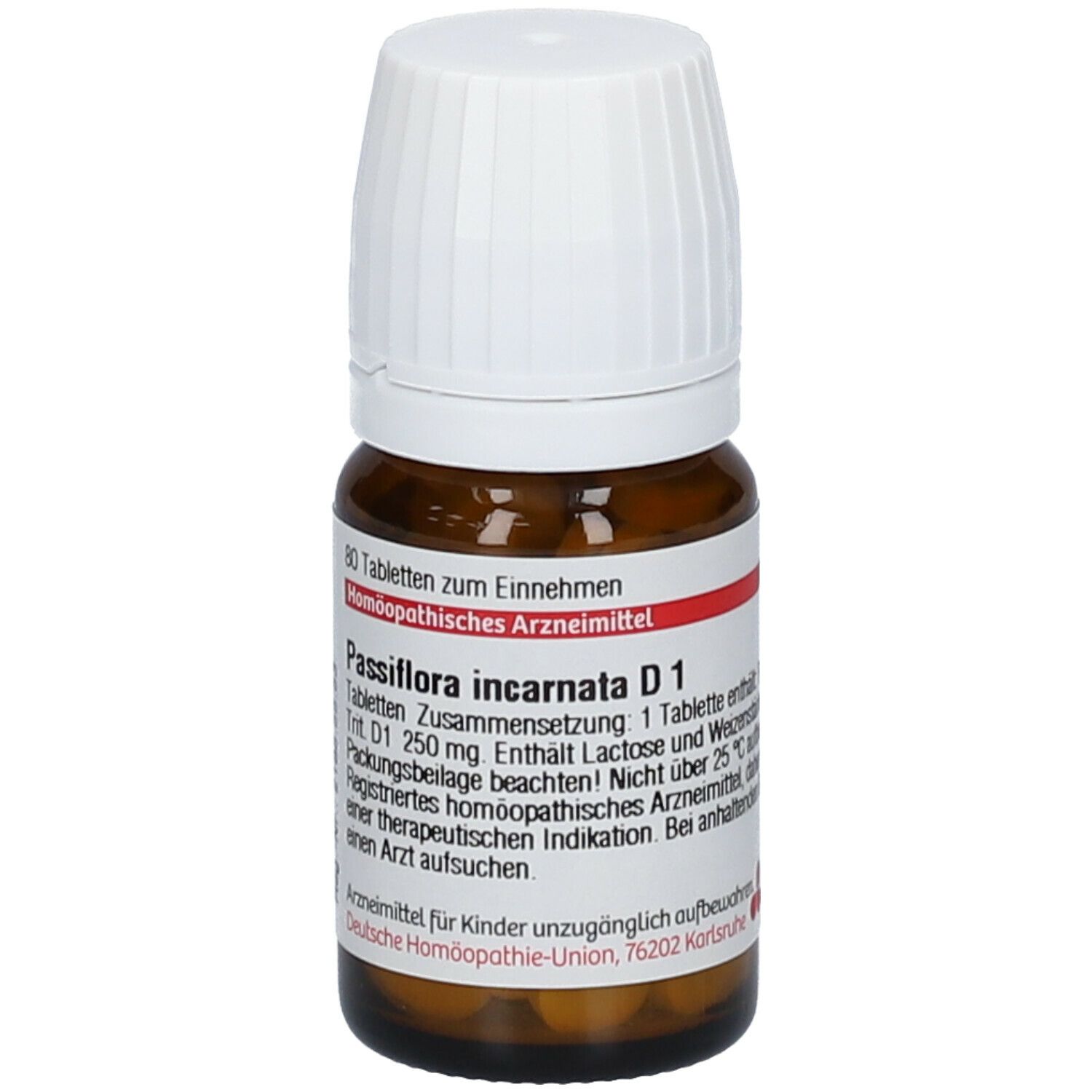 Braune Glasflasche mit weißen Deckel. Etikett mit Text: Passiflora incarnata D1. Enthält 80 Tabletten. Homöopathisches Arzneimittel.