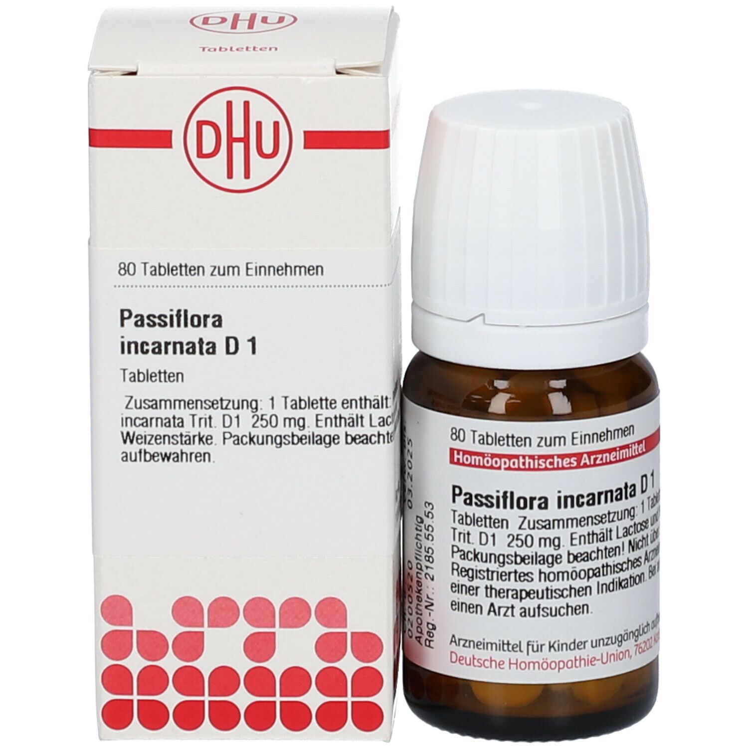 Braune Glasflasche und Schachtel. Auf der Flasche: Passiflora incarnata D1. Auf der Schachtel: DHU, 80 Tabletten. Homöopathisches Arzneimittel.