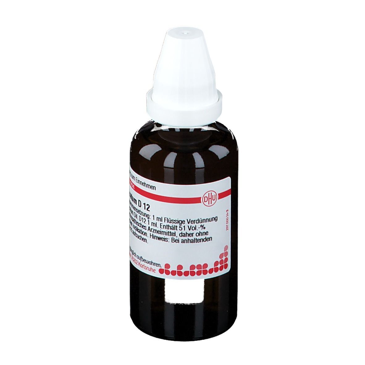 Braune Glasflasche mit weißem Verschluss. Etikett mit Produktinformationen. Aufschrift: Petroleum D 12.