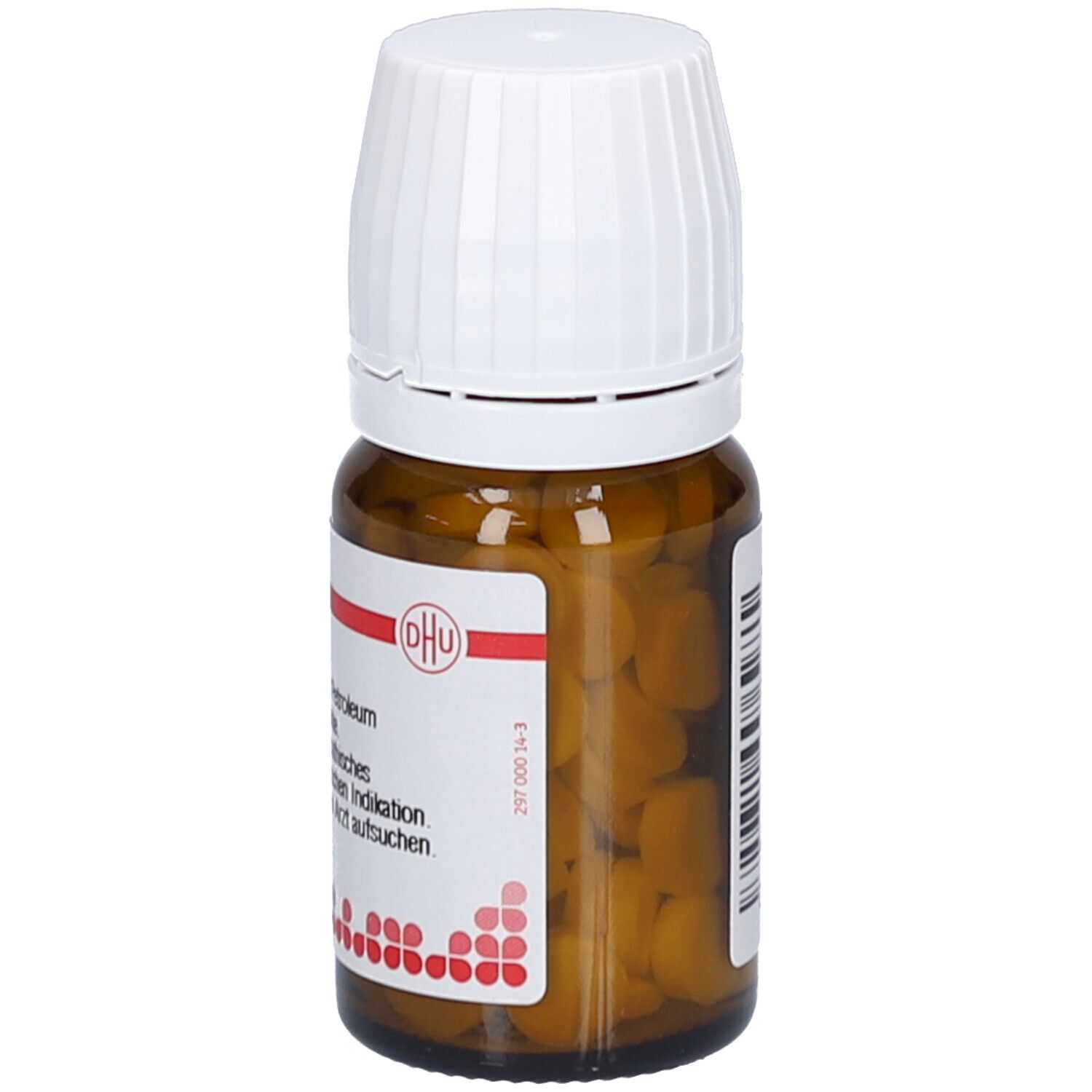 Braune Glasflasche mit weißen Deckel. Tabletten sichtbar. Aufschrift: Petroleum rectificatum.