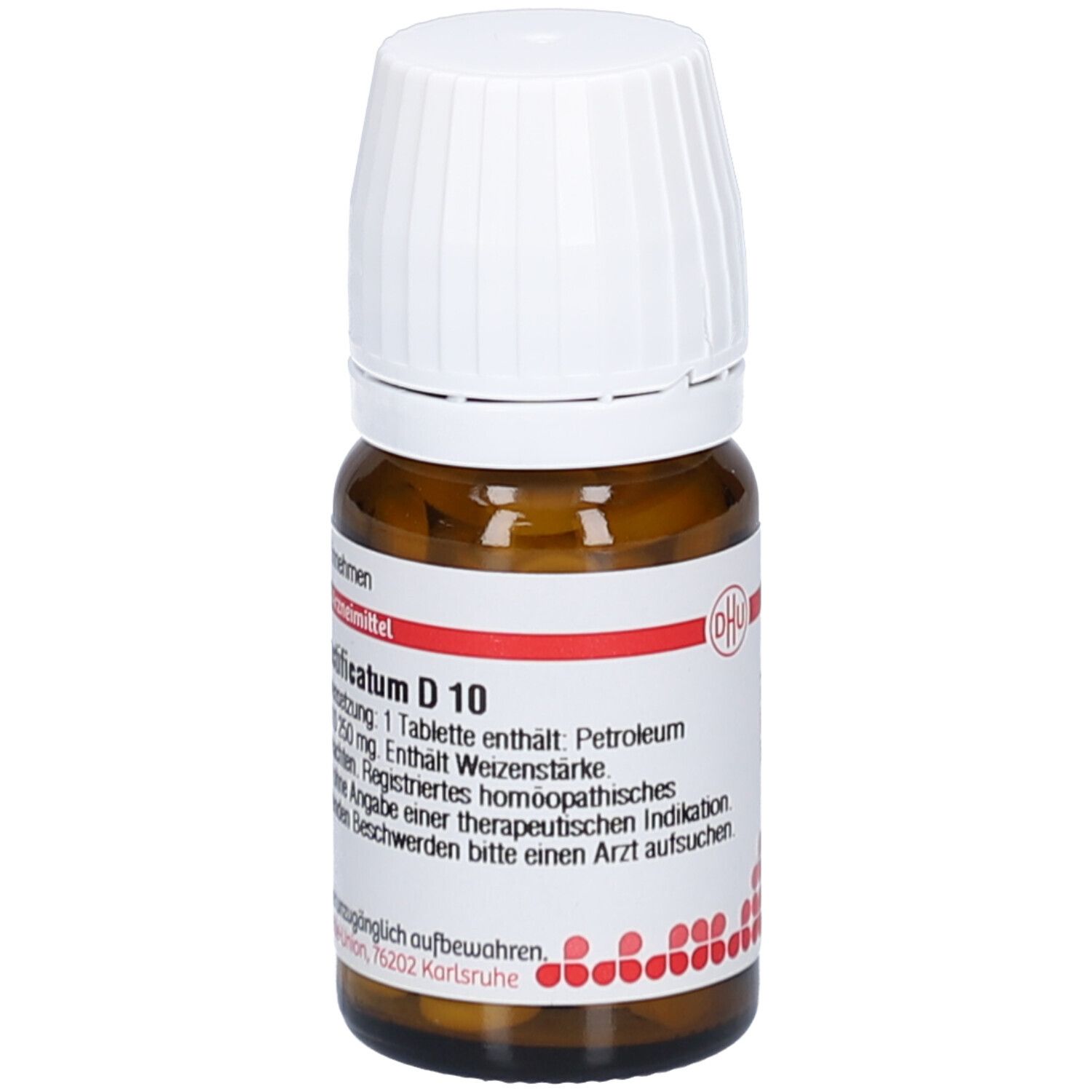Braune Glasflasche mit weißen Deckel. Aufschrift: Petroleum rectificatum D 10. Tabletten sichtbar.