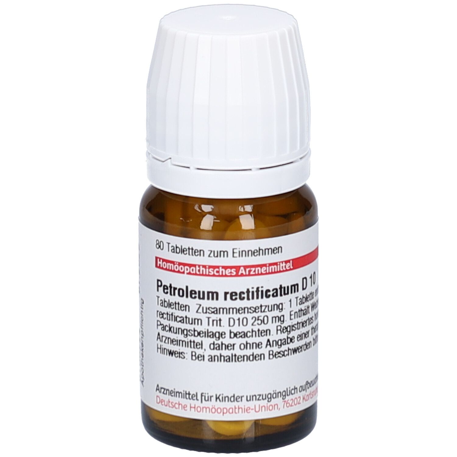 Braune Glasflasche mit weißen Deckel. Aufschrift: Petroleum rectificatum D 10. Tabletten sichtbar. 80 Tabletten.