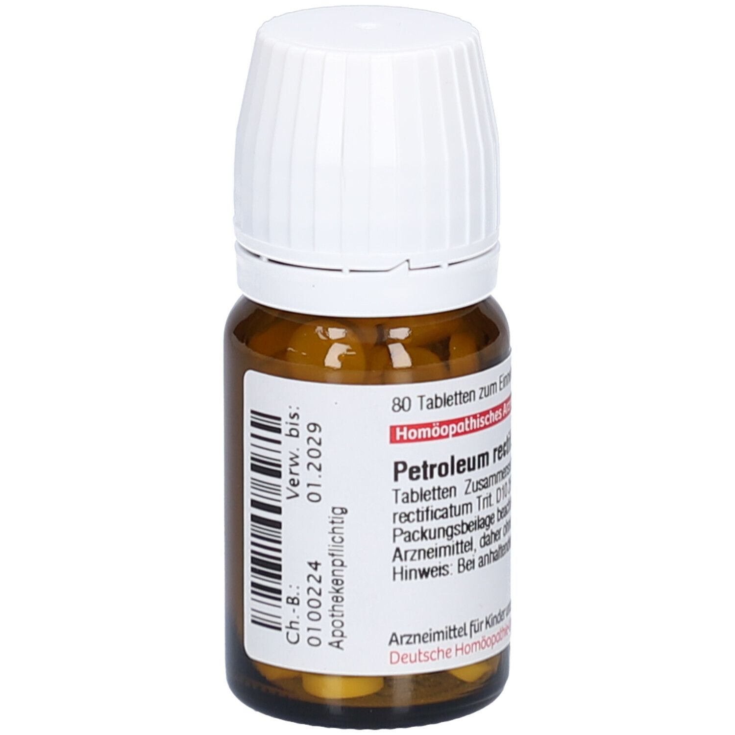 Braune Glasflasche mit weißen Deckel. Etikett mit Text und Barcode. Verfallsdatum: 01.2029. Tabletten sichtbar.