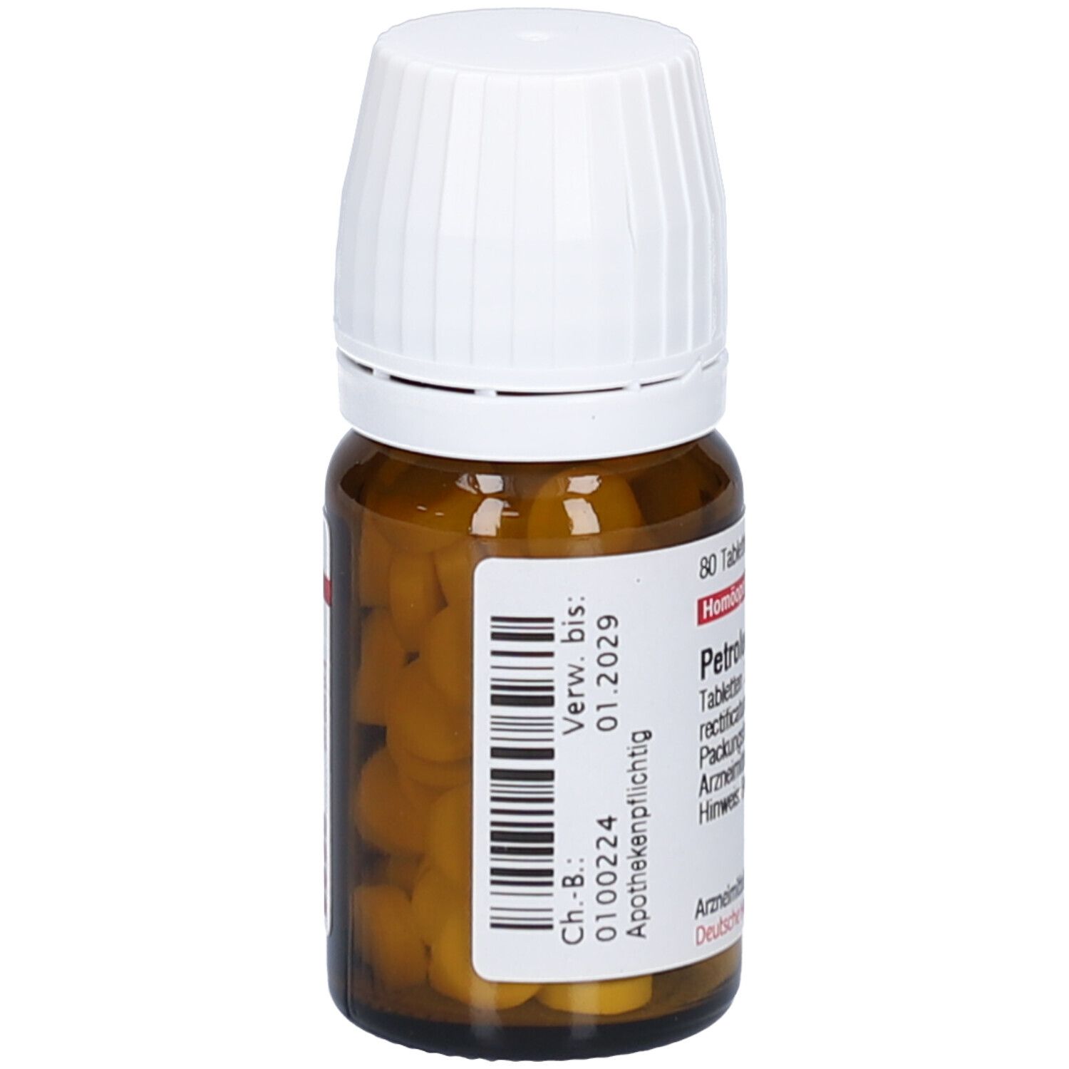 Braune Glasflasche mit weißen Deckel. Etikett mit Text und Barcode. Verfallsdatum: 01.2029. Tabletten sichtbar.