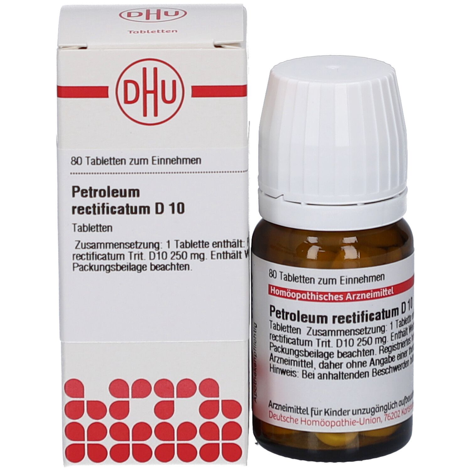 Braune Glasflasche mit weißen Deckel und weiße Schachtel. Aufschrift: Petroleum rectificatum D 10. 80 Tabletten.