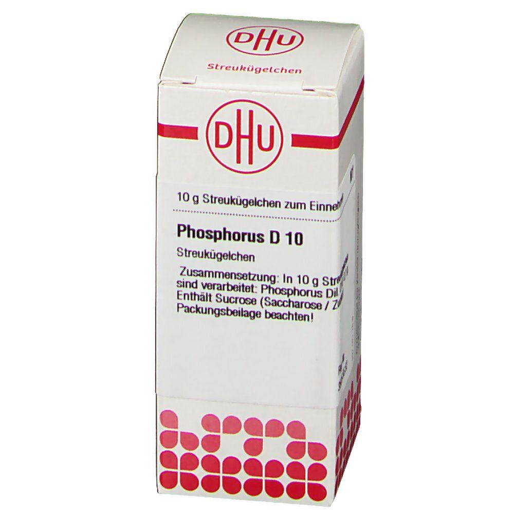 DHU Phosphorus D10-Schachtel. Aufschrift: 10 g Streukügelchen. Produktname und weitere Informationen.