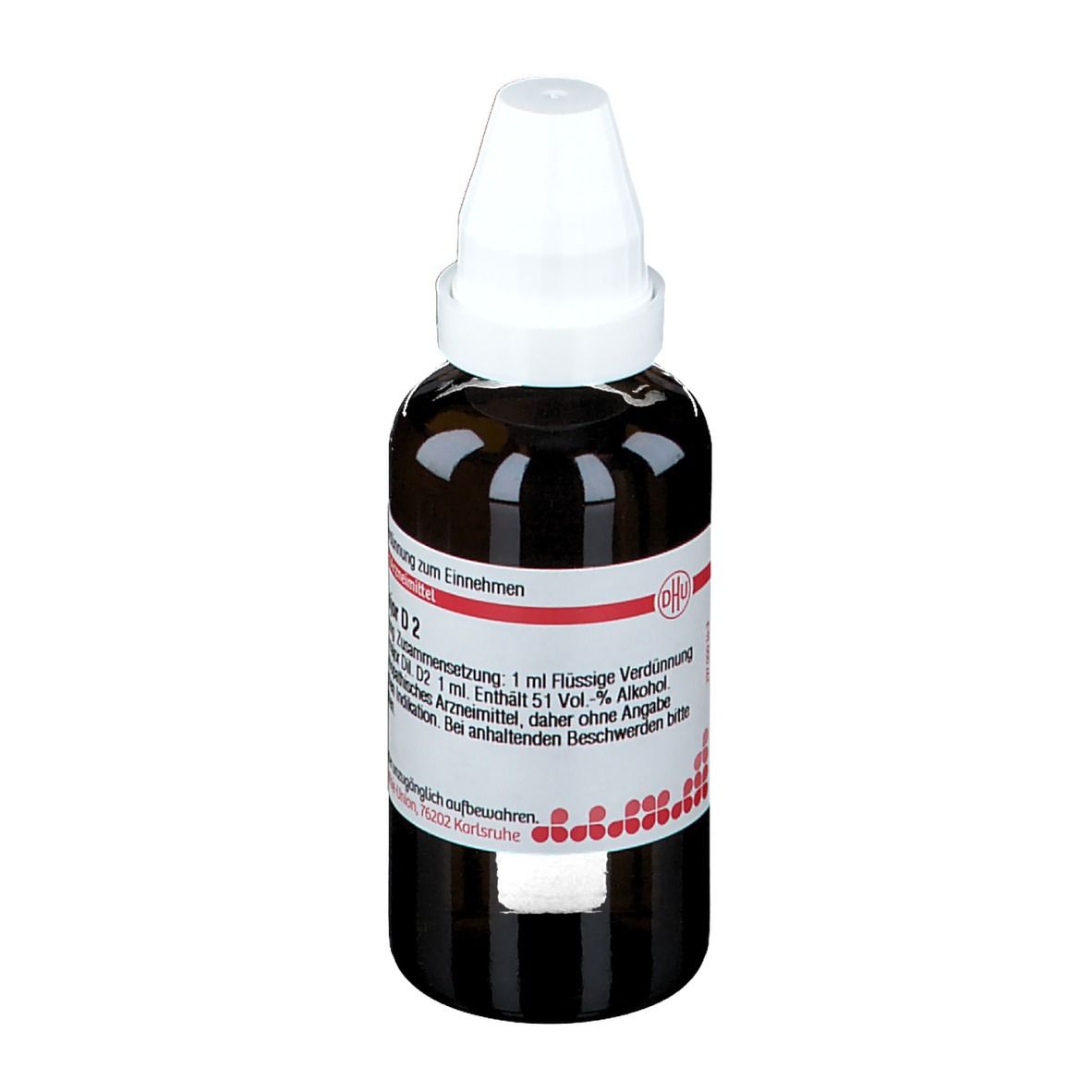 Braune Glasflasche mit weißem Verschluss. Etikett mit Text. DHU-Logo.