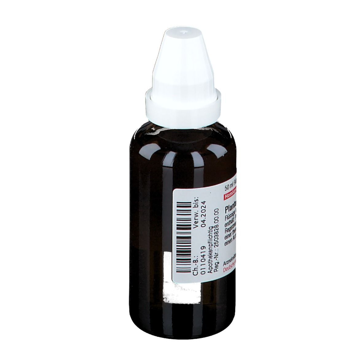 Braune Glasflasche mit weißem Verschluss. Etikett mit Text und Barcode. DHU-Logo.