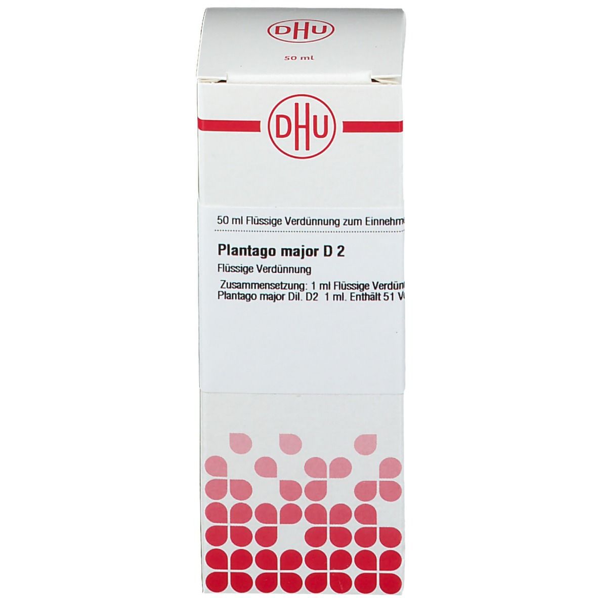 Karton mit DHU-Logo und Text. Rote und weiße Farbgebung.