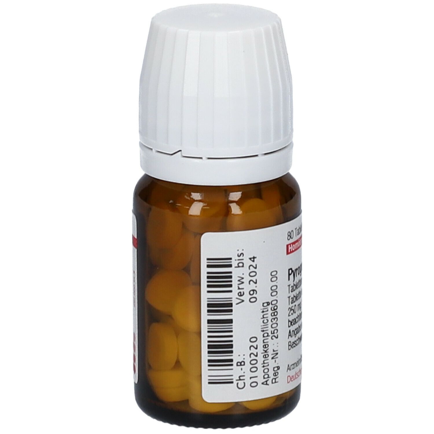 Braune Glasflasche mit weißen Tabletten und weißem Deckel. Etikett mit Produktinformationen und Verfallsdatum.