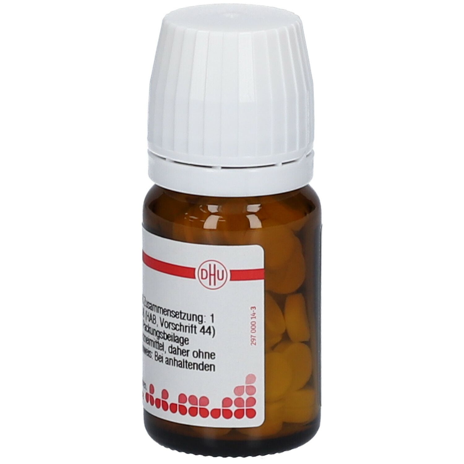 Braune Glasflasche mit weißen Tabletten und weißem Deckel. Etikett mit Produktinformationen und DHU-Logo.