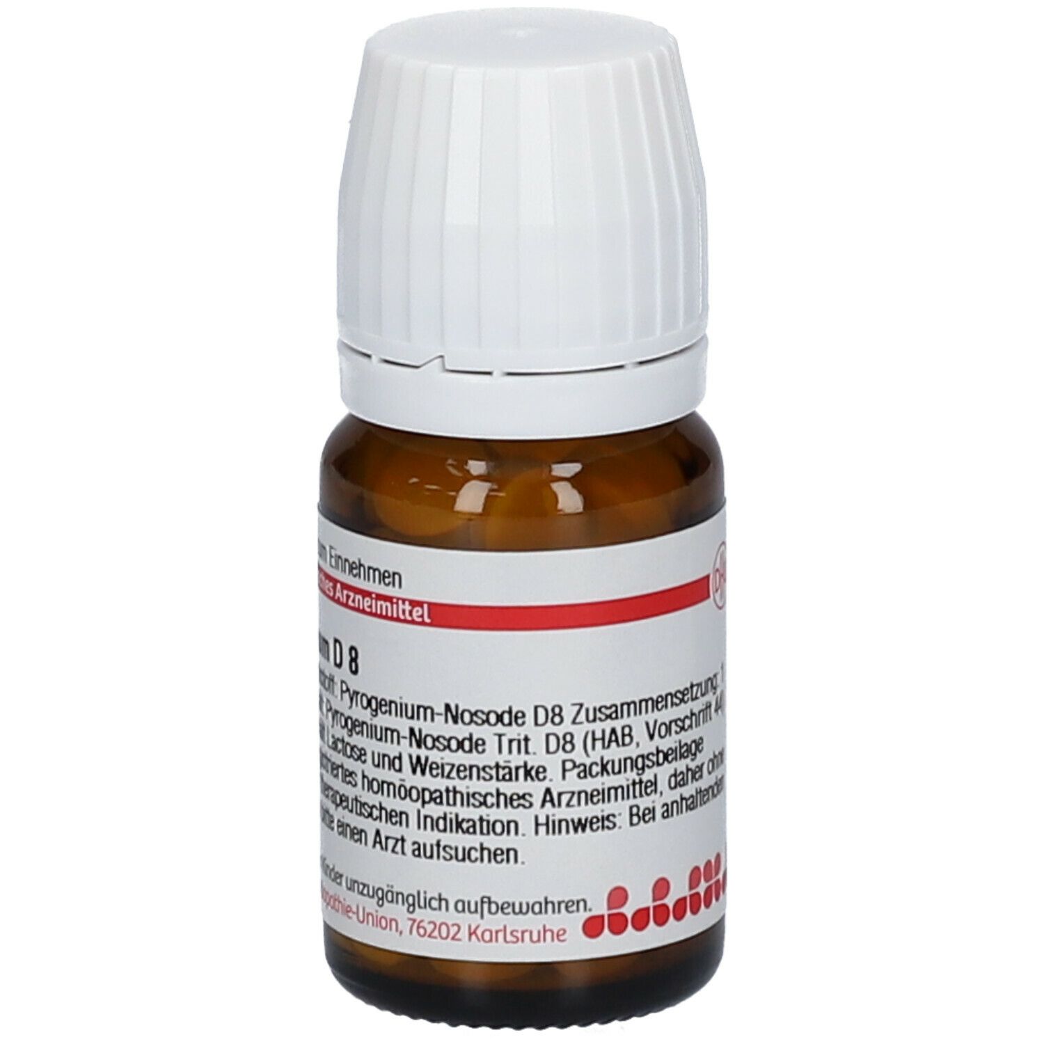 Braune Glasflasche mit weißen Tabletten und weißem Deckel. Etikett mit Produktnamen Pyrogenium D8 und DHU-Logo.