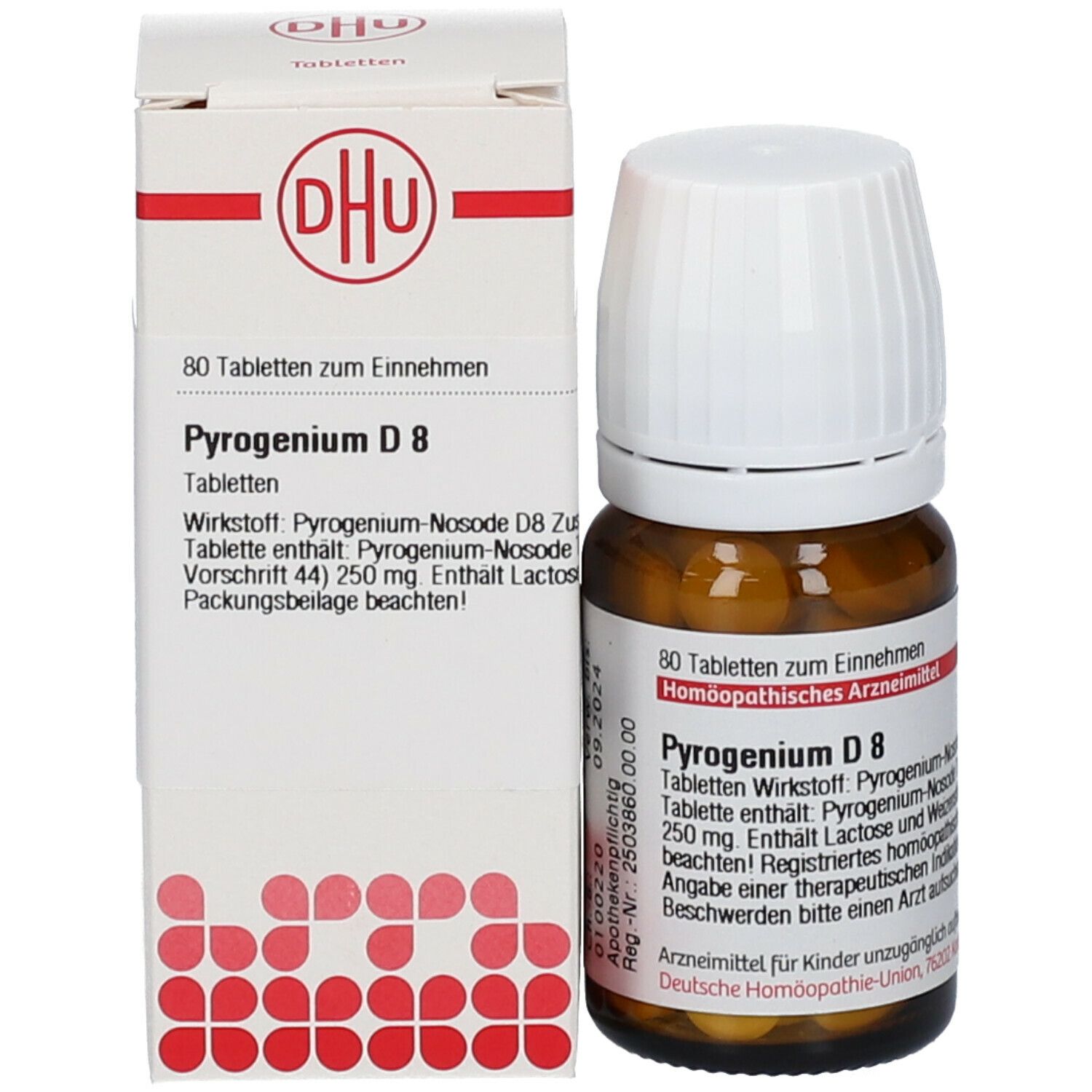 Produktverpackung mit Flasche und Beipackzettel. Auf der Verpackung steht DHU und Pyrogenium D8.