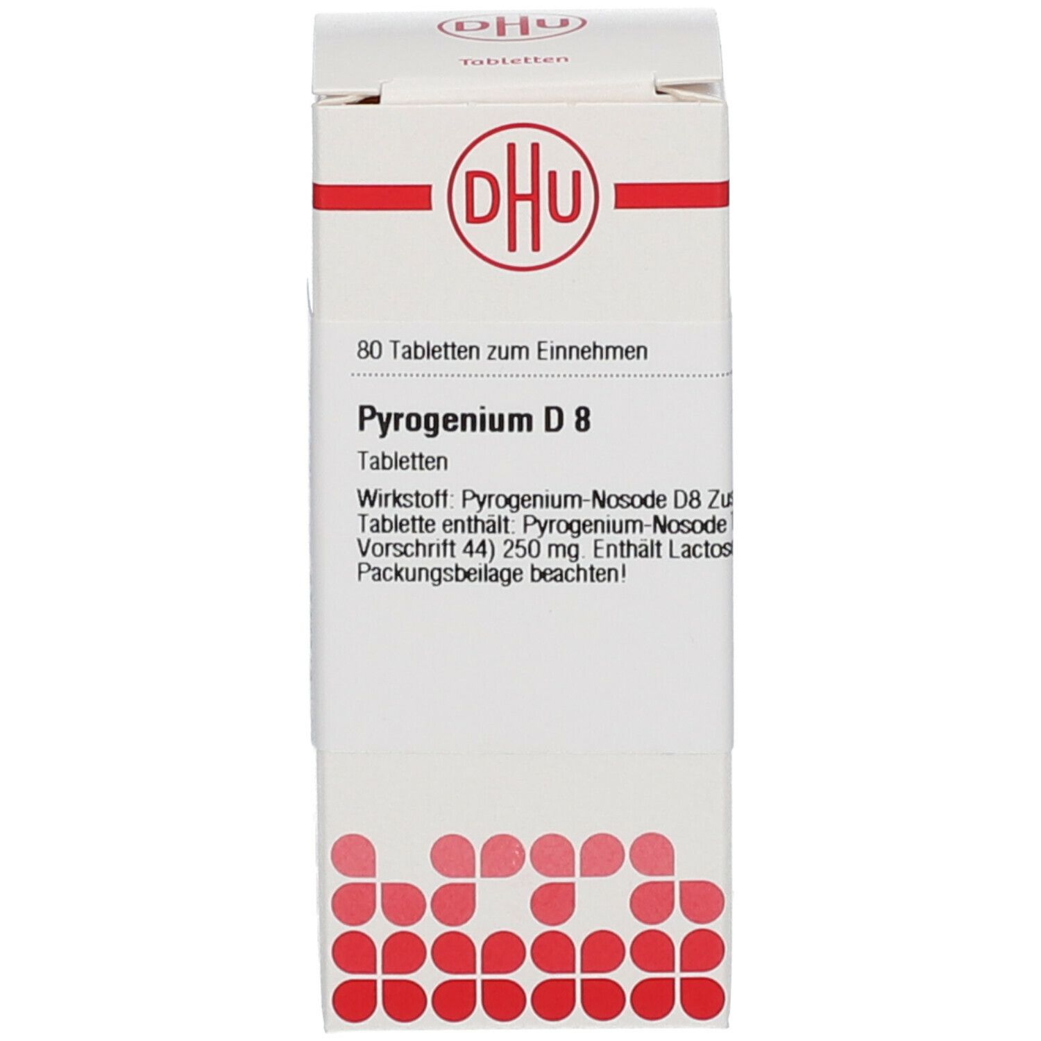 Weiße Produktverpackung mit DHU-Logo und Produktnamen Pyrogenium D8. Enthält 80 Tabletten.