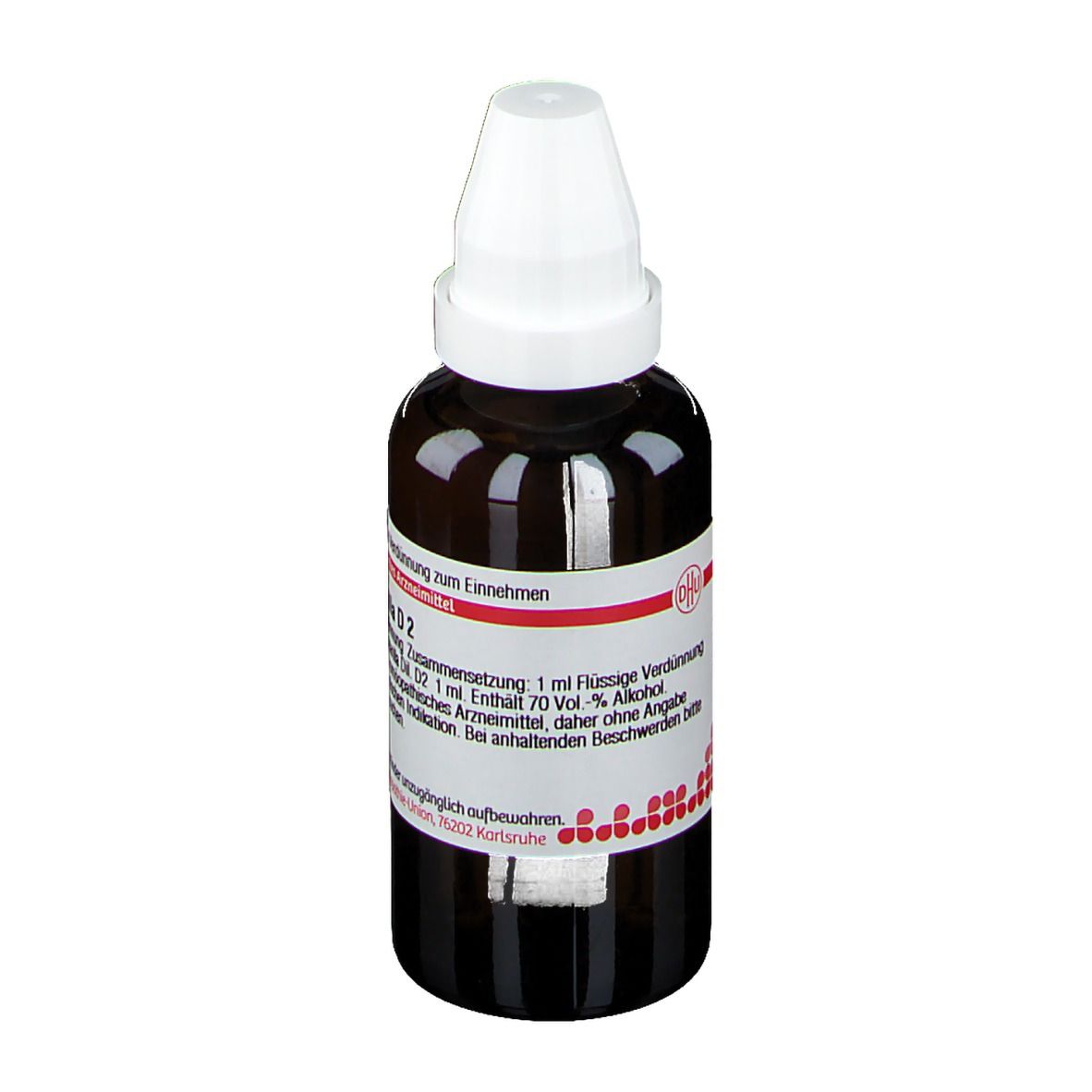 Braune Glasflasche mit weißem Verschluss. Etikett mit Text: Sarsaparilla D2, 50 ml. Enthält 70 Vol.-% Alkohol.
