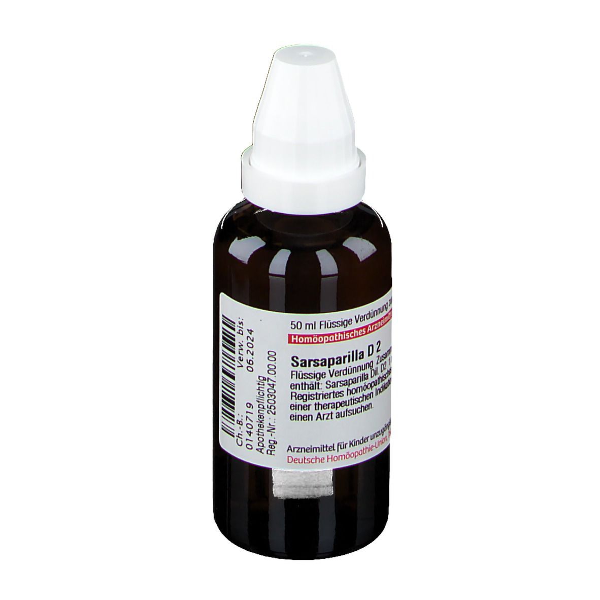 Braune Glasflasche mit weißem Verschluss. Etikett mit Text: Sarsaparilla D2, 50 ml. Arzneimittel.