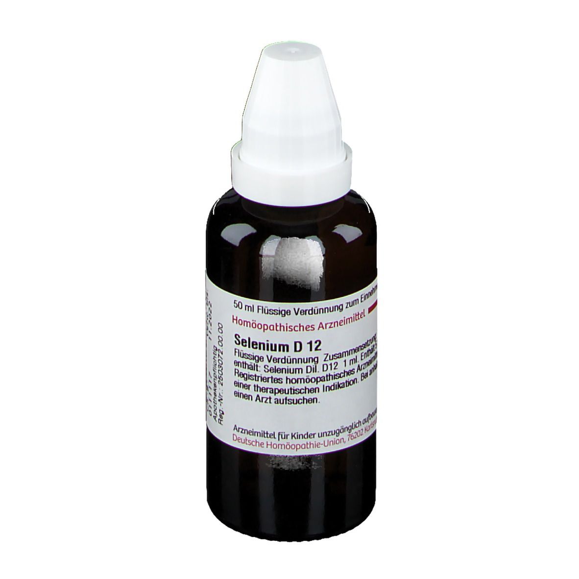 Braune Flasche mit weißem Verschluss. Etikett mit Produktinformationen: DHU Selenium D12. 50 ml Flüssige Verdünnung.