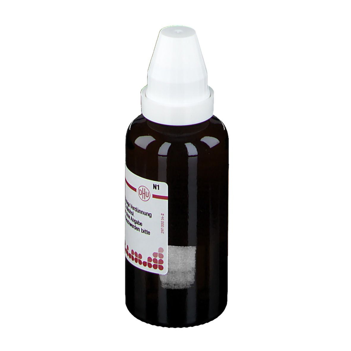 Braune Flasche mit weißem Verschluss. Etikett mit Produktinformationen. DHU-Logo. N1.