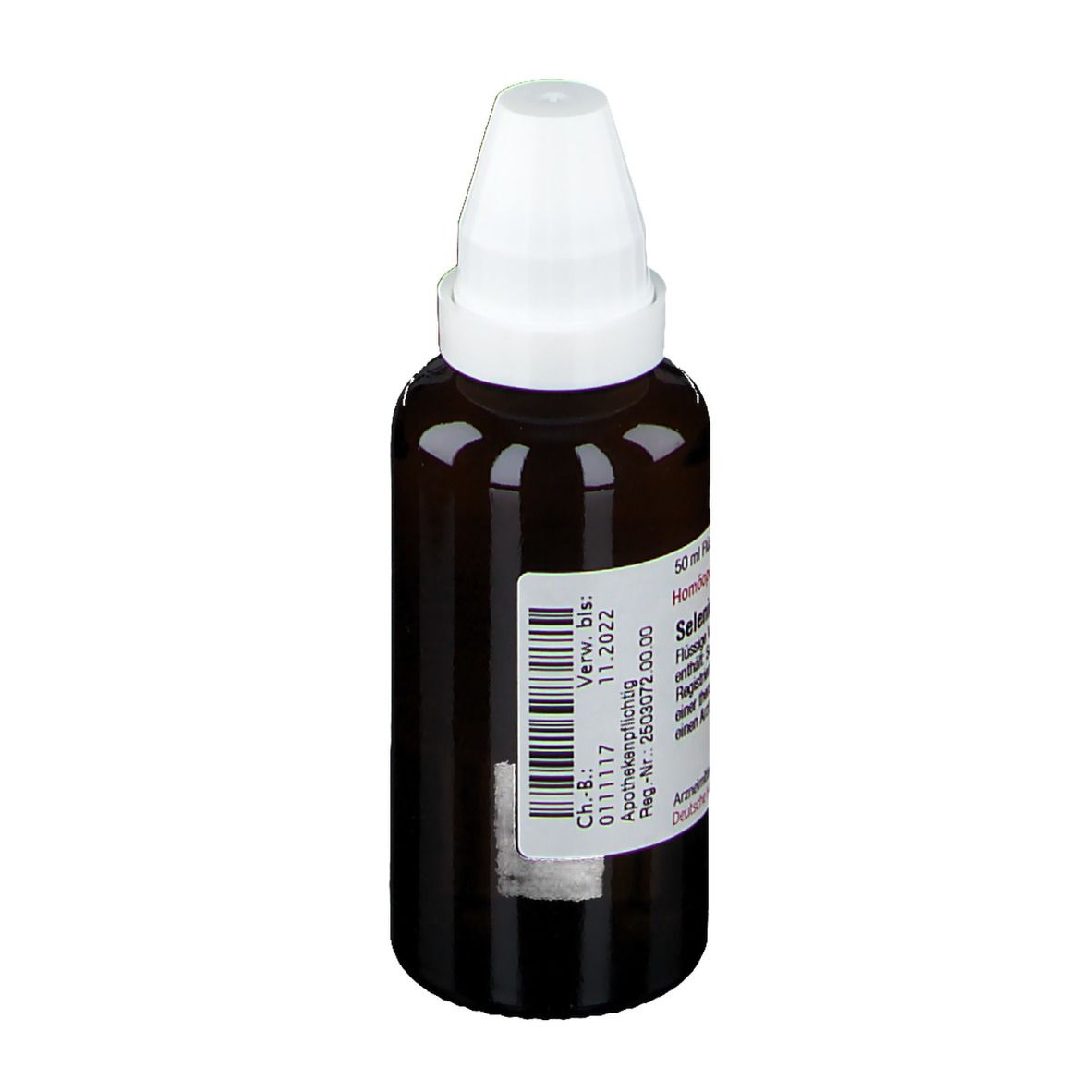 Braune Flasche mit weißem Verschluss. Etikett mit Produktinformationen. Verfallsdatum: 11.2022. DHU-Logo.