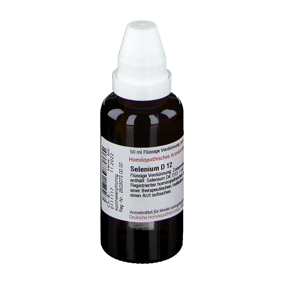 Braune Flasche mit weißem Verschluss. Etikett mit Produktinformationen: DHU Selenium D12. 50 ml Flüssige Verdünnung.