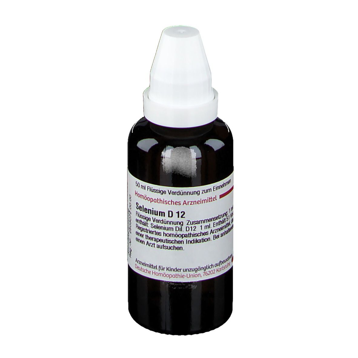 Braune Flasche mit weißem Verschluss. Etikett mit Produktinformationen: DHU Selenium D12. 50 ml Flüssige Verdünnung.