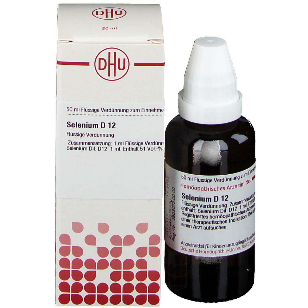 Produktverpackung mit Flasche. Weiße Schachtel mit DHU-Logo und Produktinformationen: DHU Selenium D12. 50 ml.