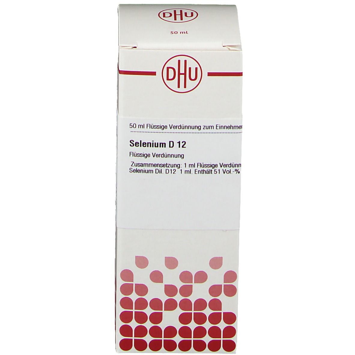 Weiße Schachtel mit DHU-Logo und Produktinformationen: DHU Selenium D12. 50 ml Flüssige Verdünnung.