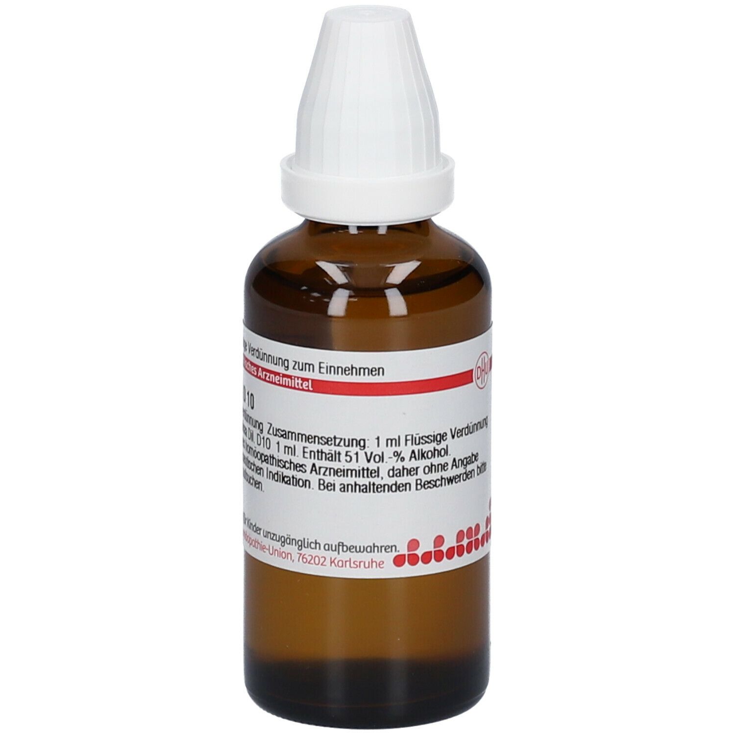 Braune Glasflasche mit weißem Verschluss. Etikett mit Text. DHU-Logo. Homöopathisches Arzneimittel. Zum Einnehmen.