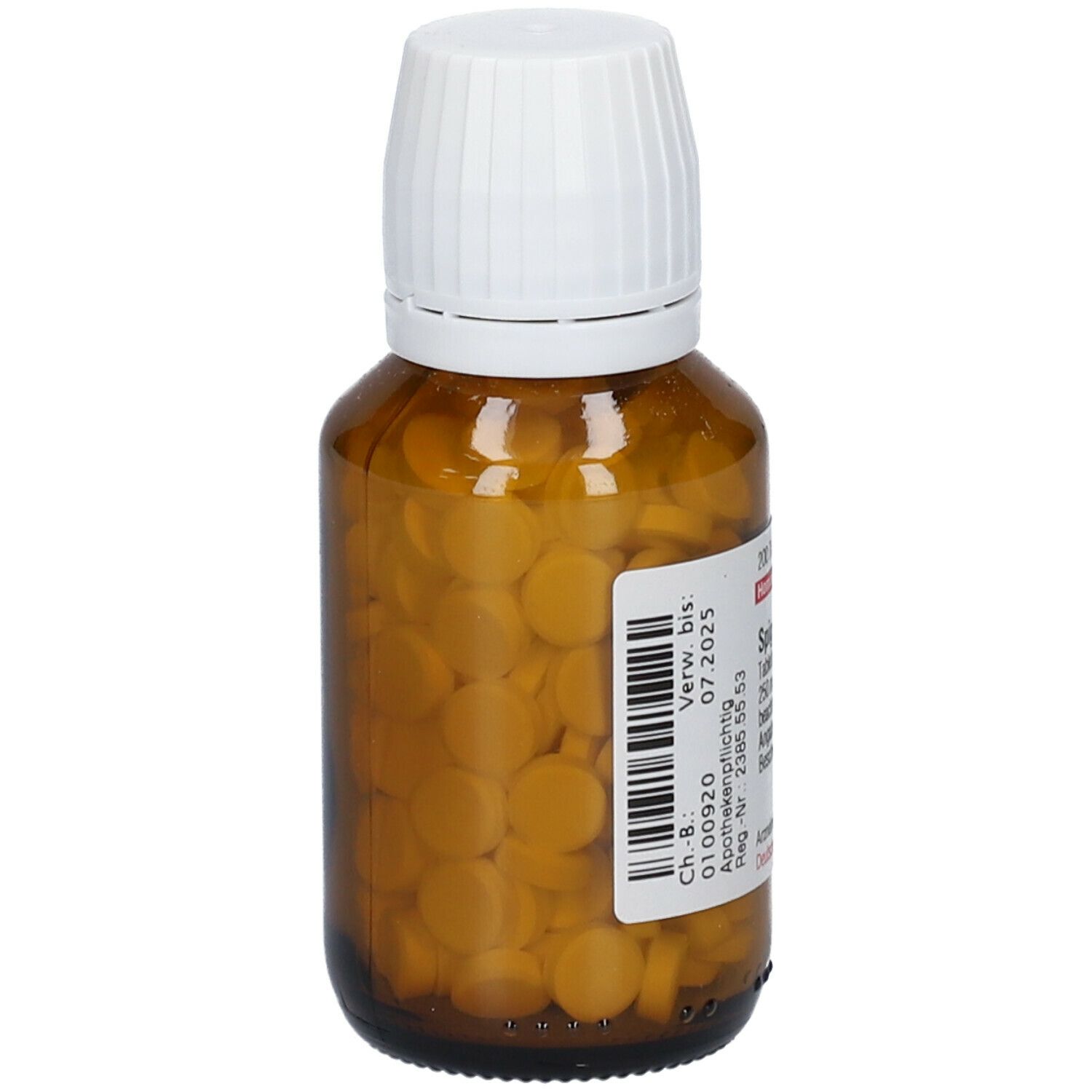 Braune Glasflasche mit Tabletten und weißem Deckel. Etikett mit Barcode und Produktinformationen. Aufschrift: Spigelia D4.
