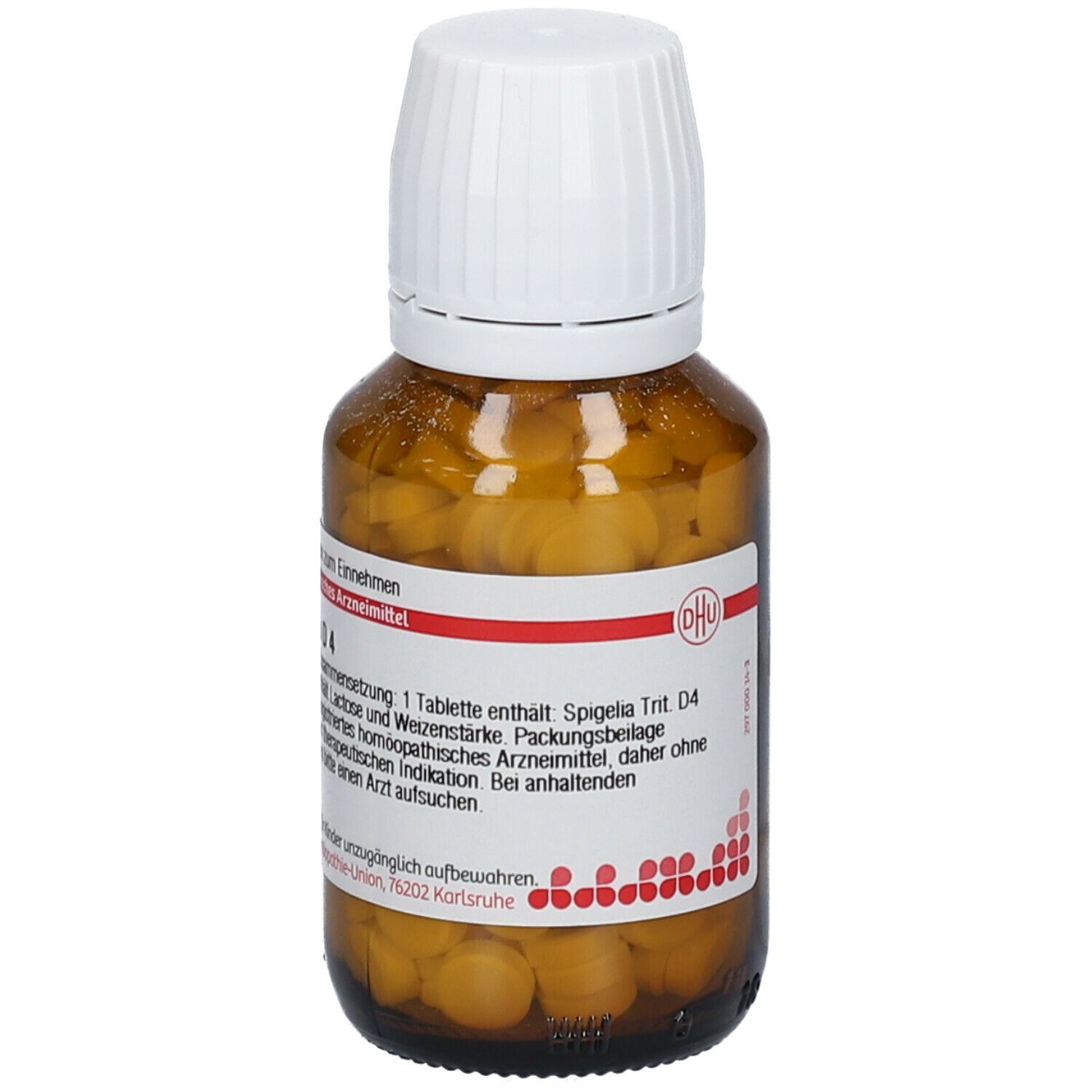 Braune Glasflasche mit Tabletten und weißem Deckel. Etikett mit Produktinformationen. Aufschrift: Spigelia D4. DHU Logo.
