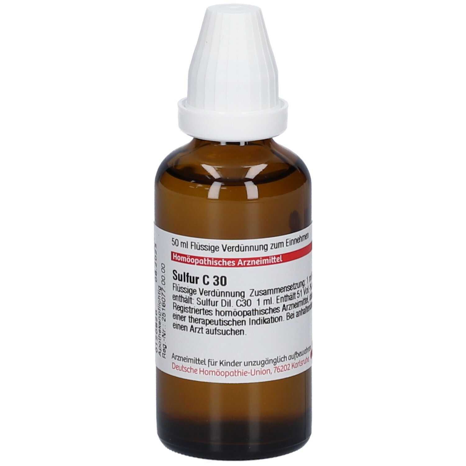 Braune Glasflasche mit weißem Verschluss. Etikett mit Text: Sulfur C 30, homöopathisches Arzneimittel.