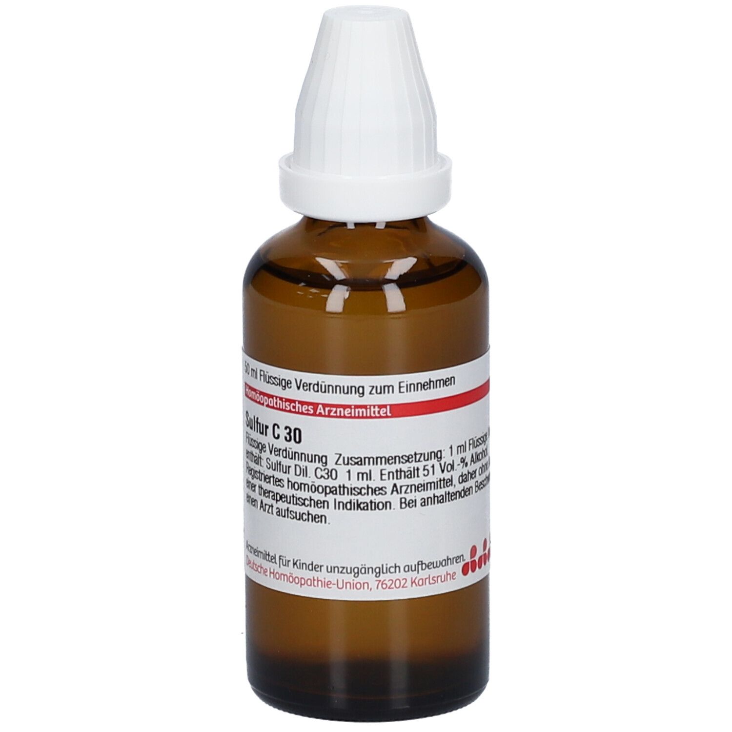 Braune Glasflasche mit weißem Verschluss. Etikett mit Text: Sulfur C 30, homöopathisches Arzneimittel.