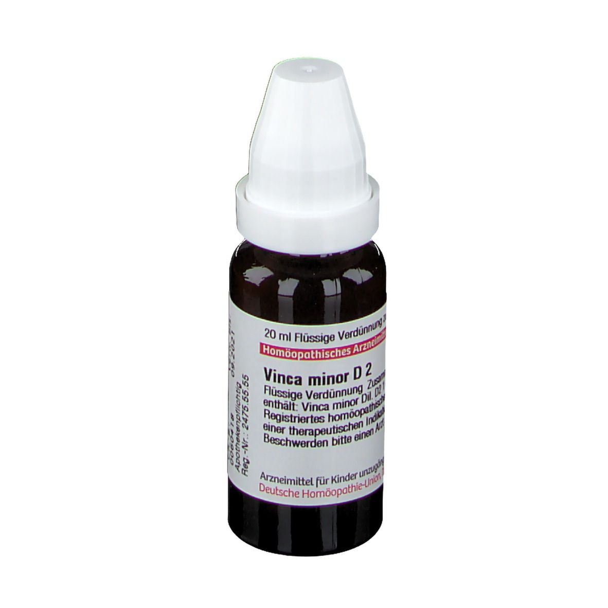 Braune Glasflasche mit weißem Verschluss. Etikett mit Text: Vinca minor D2, 20 ml. Arzneimittel.