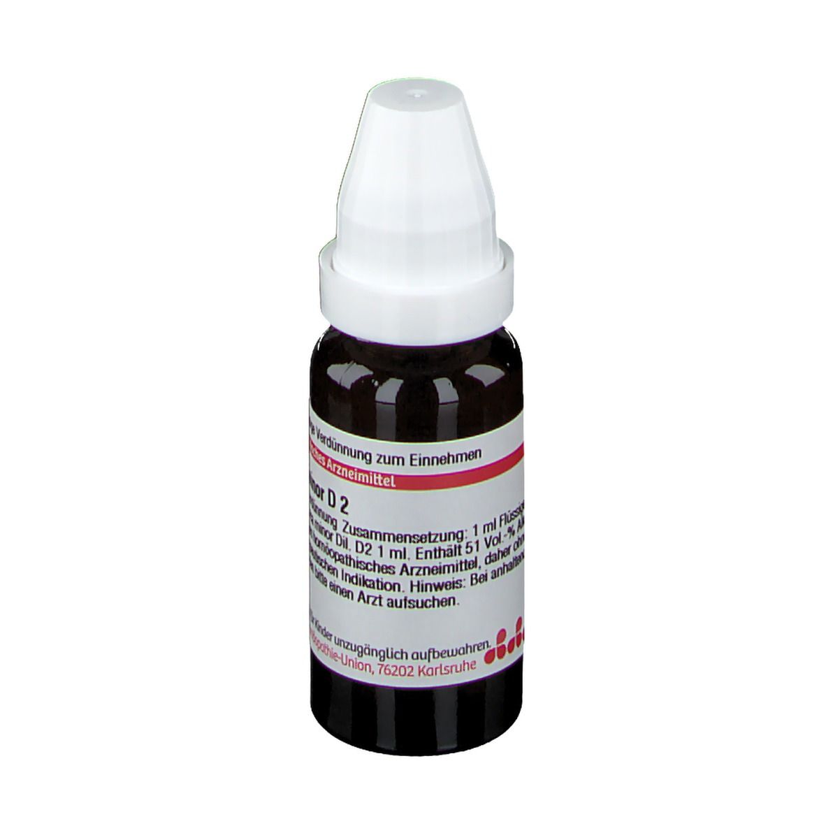 Braune Glasflasche mit weißem Verschluss. Etikett mit Text: Vinca minor D2, 20 ml. Arzneimittel.