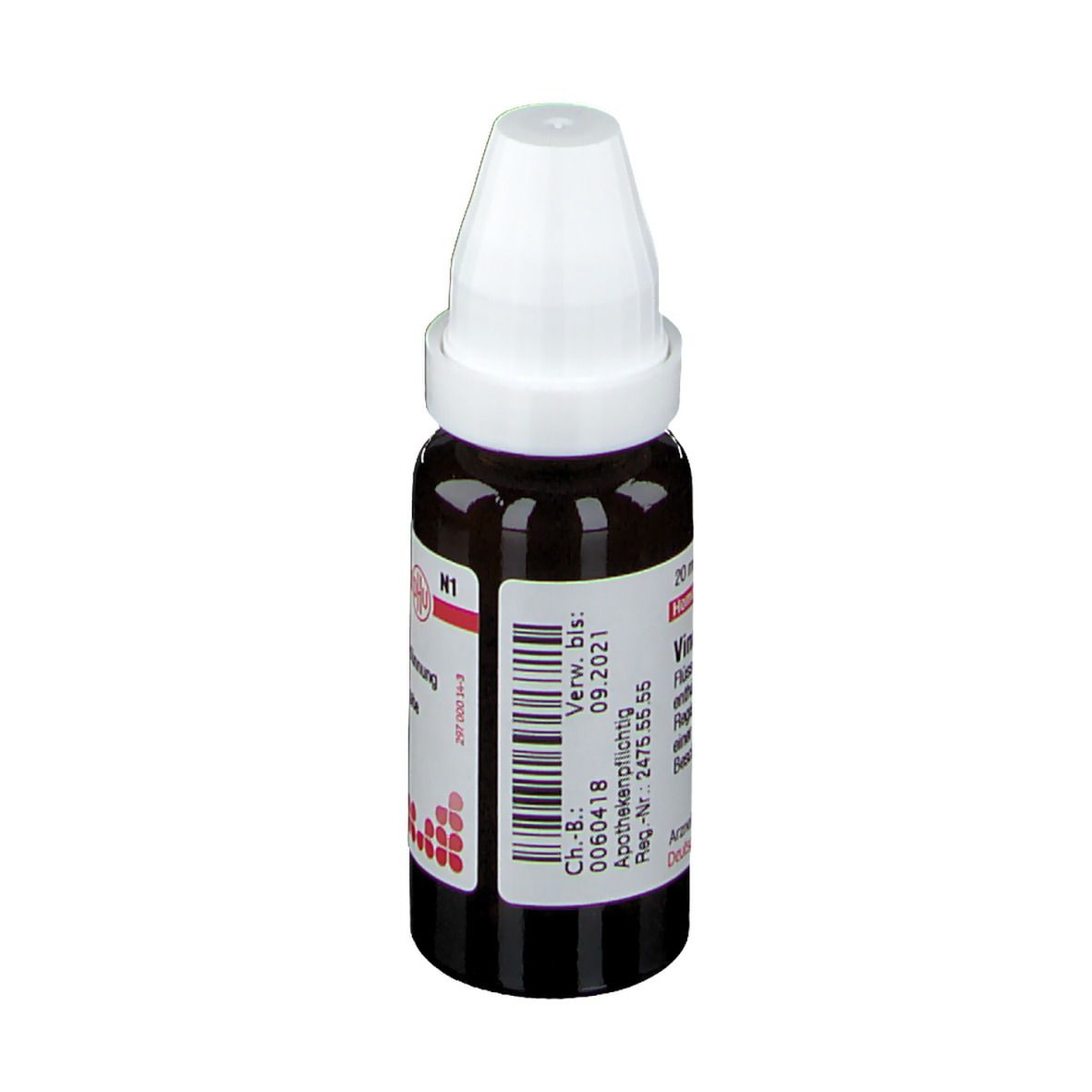 Braune Glasflasche mit weißem Verschluss. Etikett mit Text: Vinca minor D2, 20 ml. Arzneimittel. Barcode.