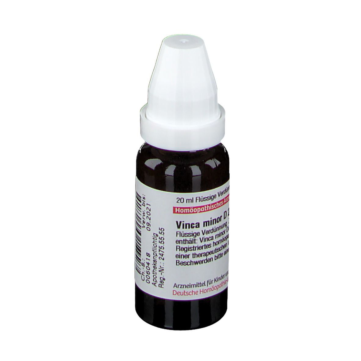 Braune Glasflasche mit weißem Verschluss. Etikett mit Text: Vinca minor D2, 20 ml. Arzneimittel.