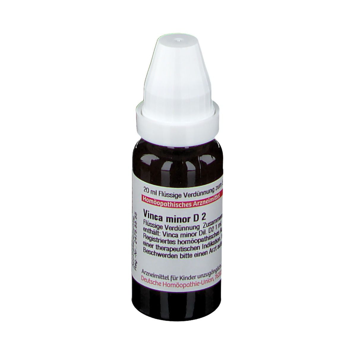 Braune Glasflasche mit weißem Verschluss. Etikett mit Text: Vinca minor D2, 20 ml. Arzneimittel.