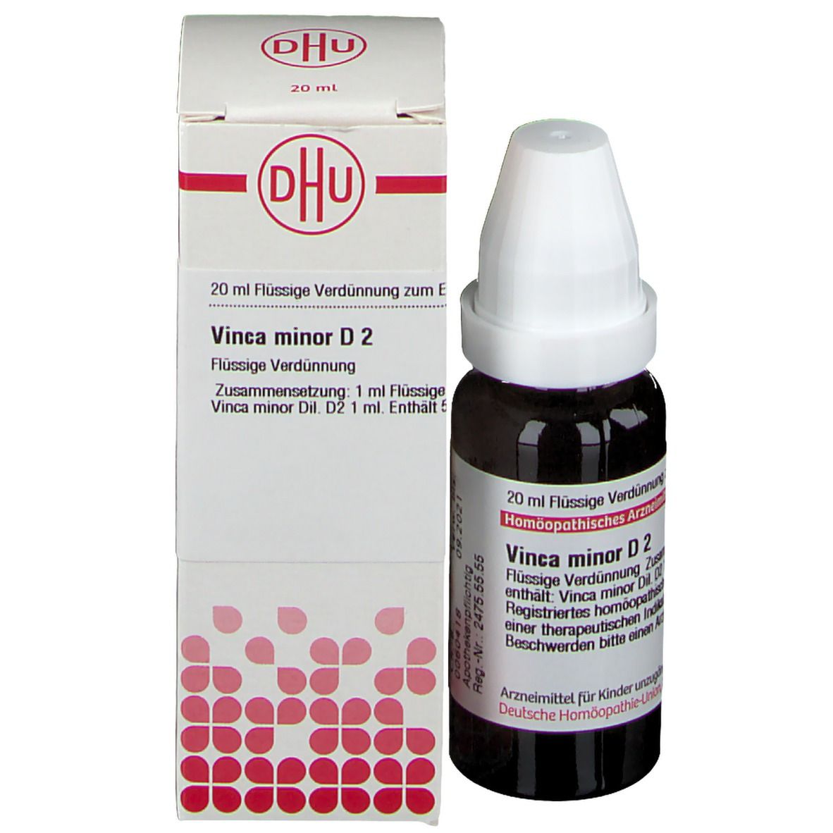 Braune Flasche und Schachtel. Schachtel mit DHU-Logo und Text: Vinca minor D2, 20 ml.