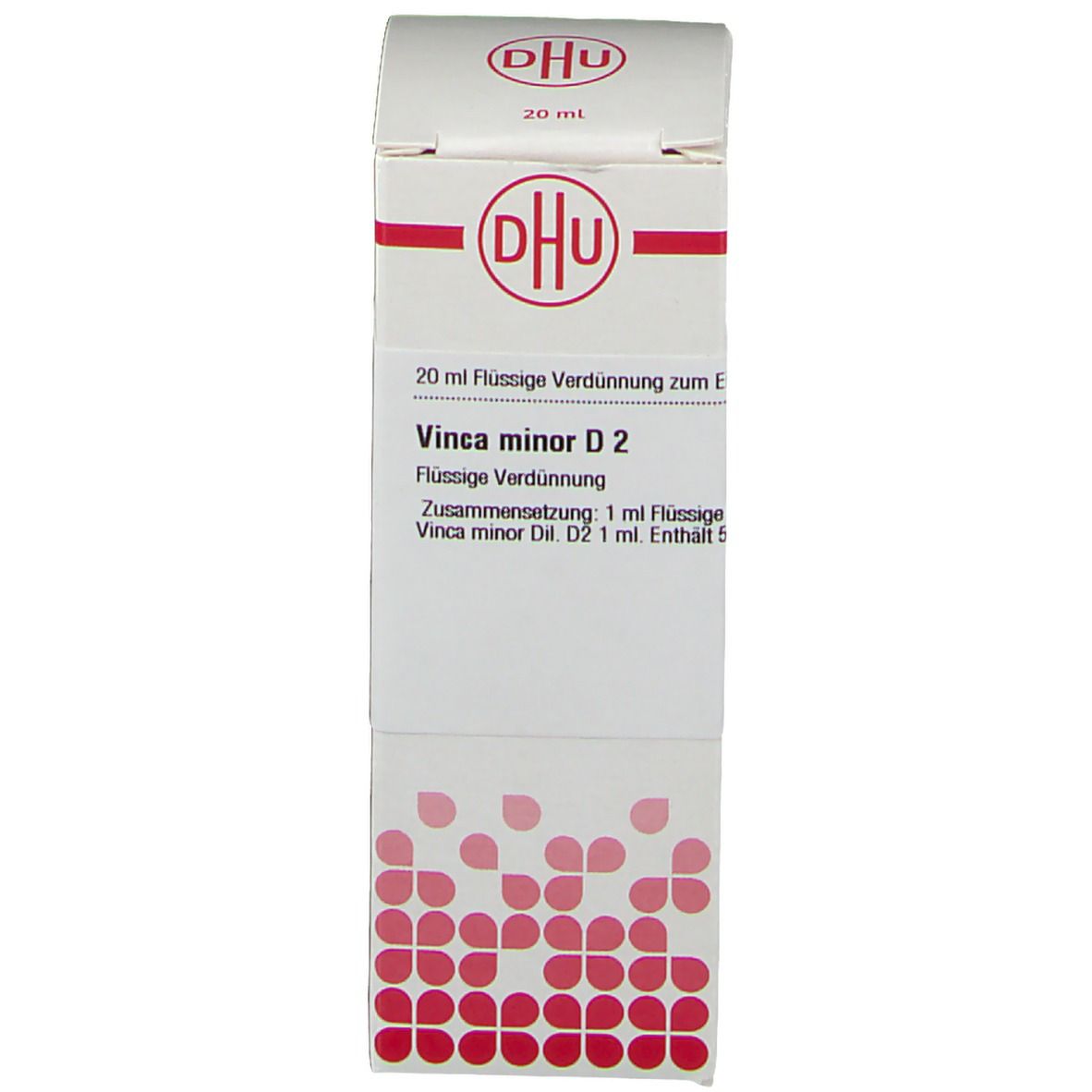 Weiße Schachtel mit DHU-Logo und Text: Vinca minor D2, 20 ml. Rote Punkte.