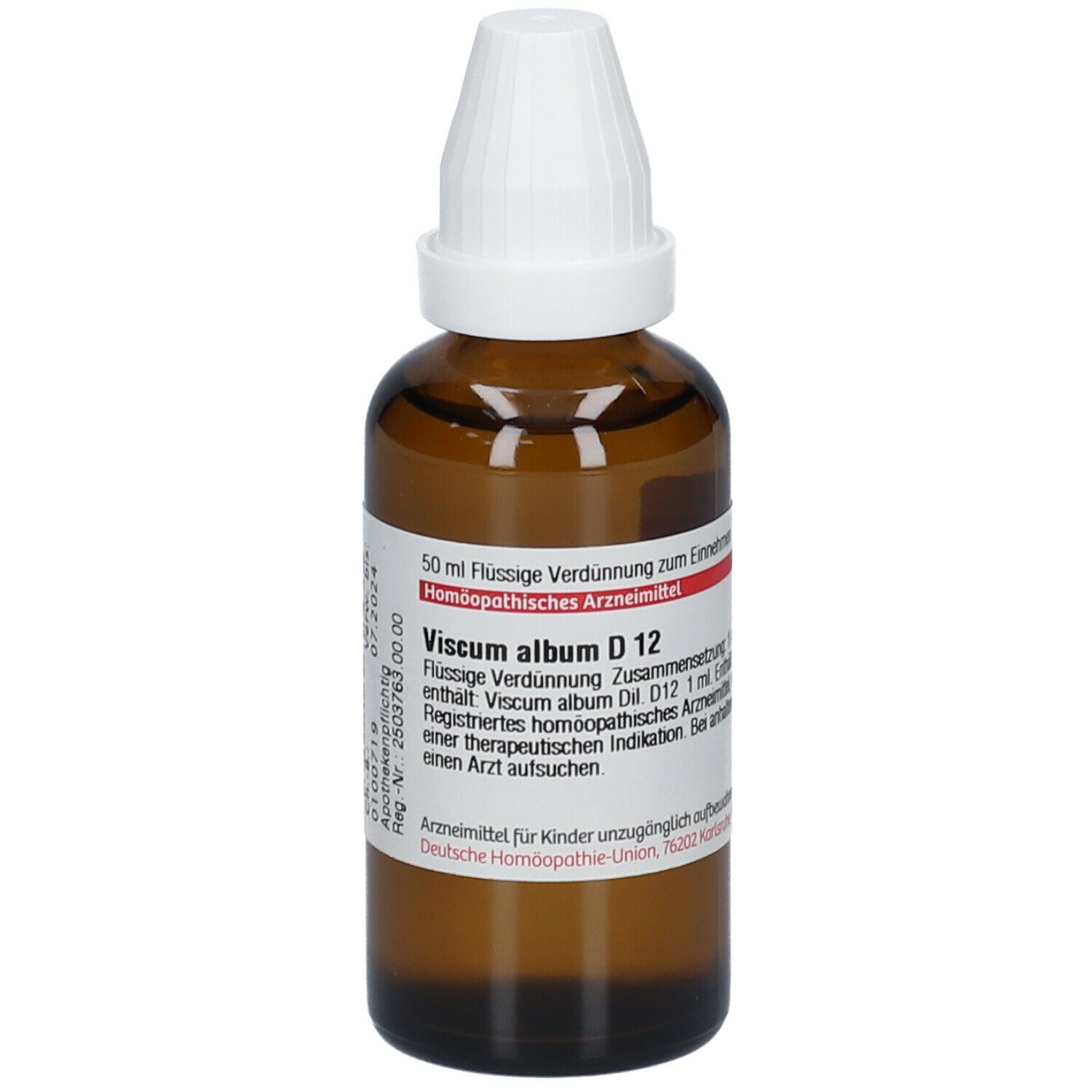 Braune Glasflasche mit weißem Verschluss. Beschriftung: Viscum album D12, 50 ml flüssige Verdünnung. Deutsche Homöopathie-Union.