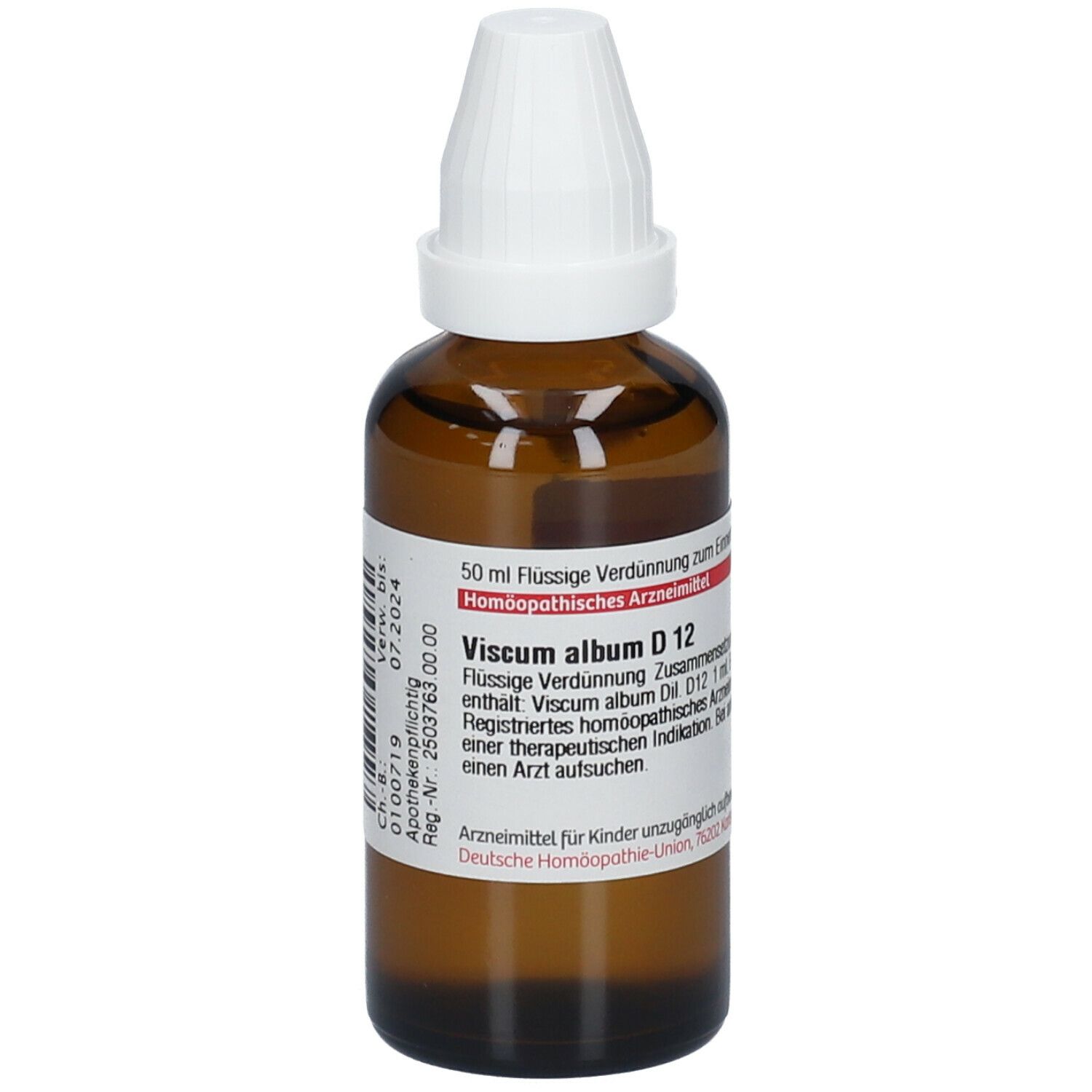 Braune Glasflasche mit weißem Verschluss. Beschriftung: Viscum album D12, 50 ml flüssige Verdünnung. Deutsche Homöopathie-Union.