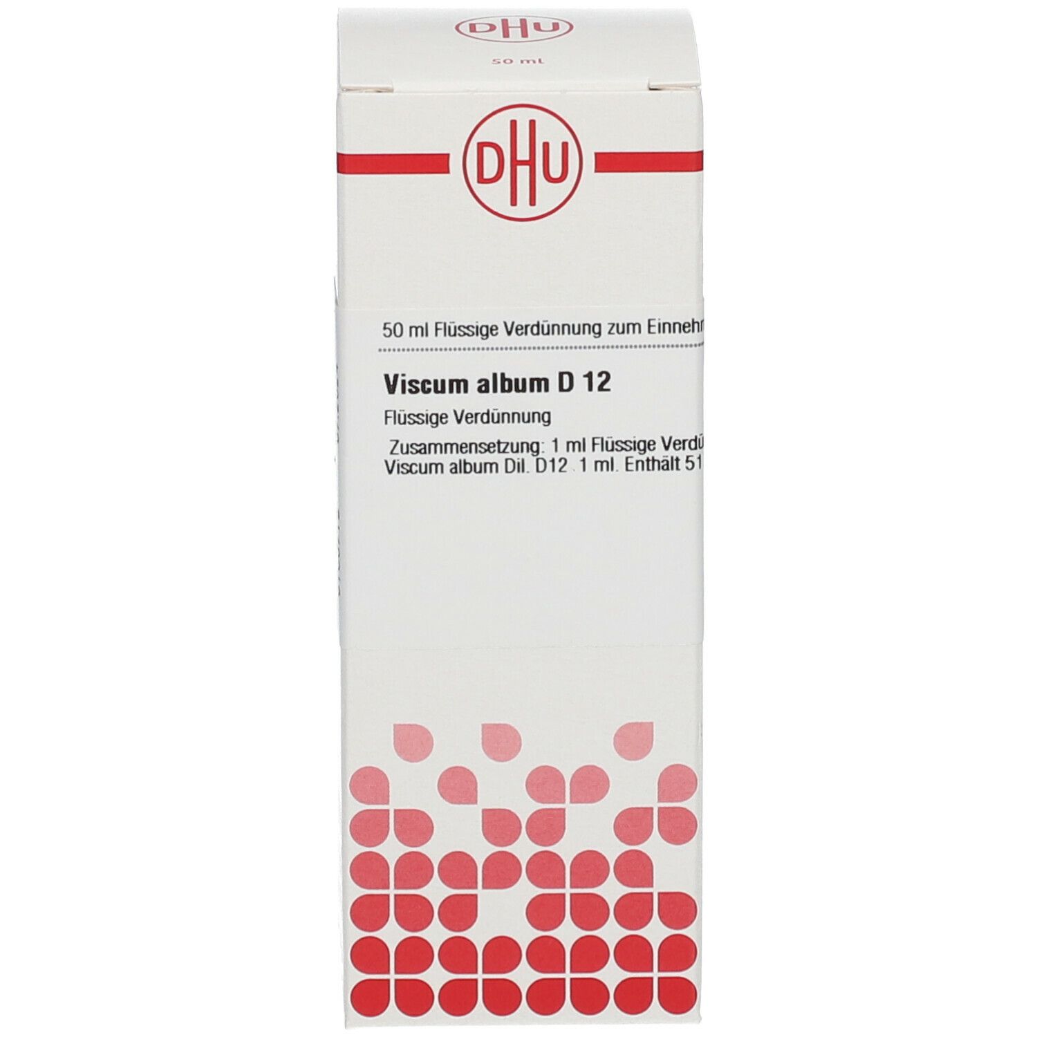 Weiße Verpackung mit roter Schrift. Beschriftung: DHU, Viscum album D12, 50 ml flüssige Verdünnung. Deutsche Homöopathie-Union.