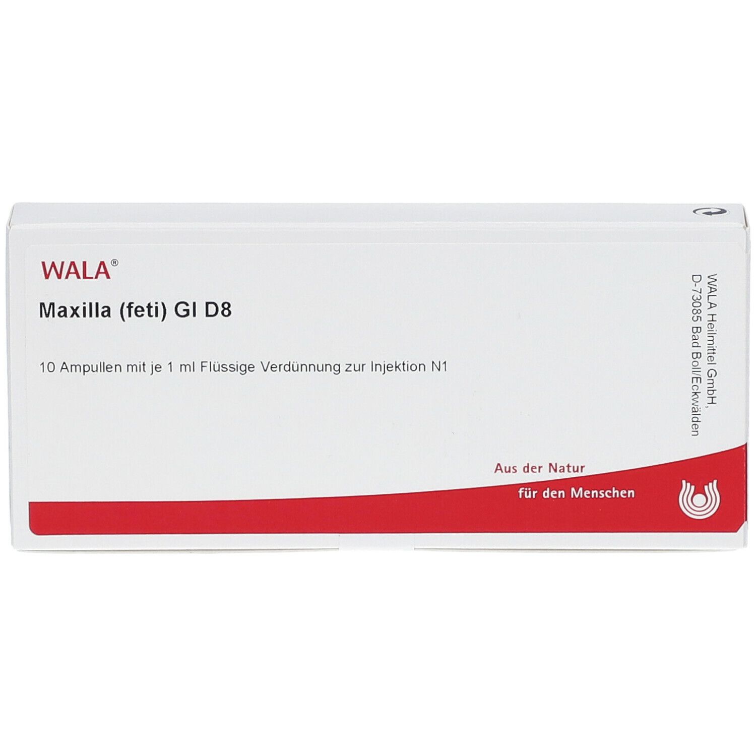Weiße Faltschachtel mit rotem Streifen. Aufdruck: WALA Maxilla (feti) Gl D8. 10 Ampullen. Logo.
