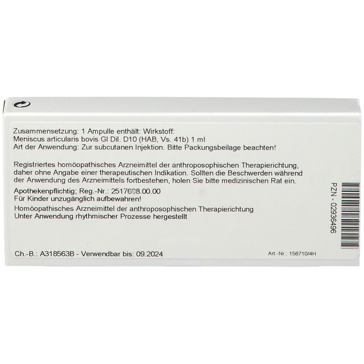 Karton mit Text. Enthält Informationen zu Inhaltsstoffen, Anwendung und Hersteller. Apothekenpflichtig. Haltbar bis 09.2024.